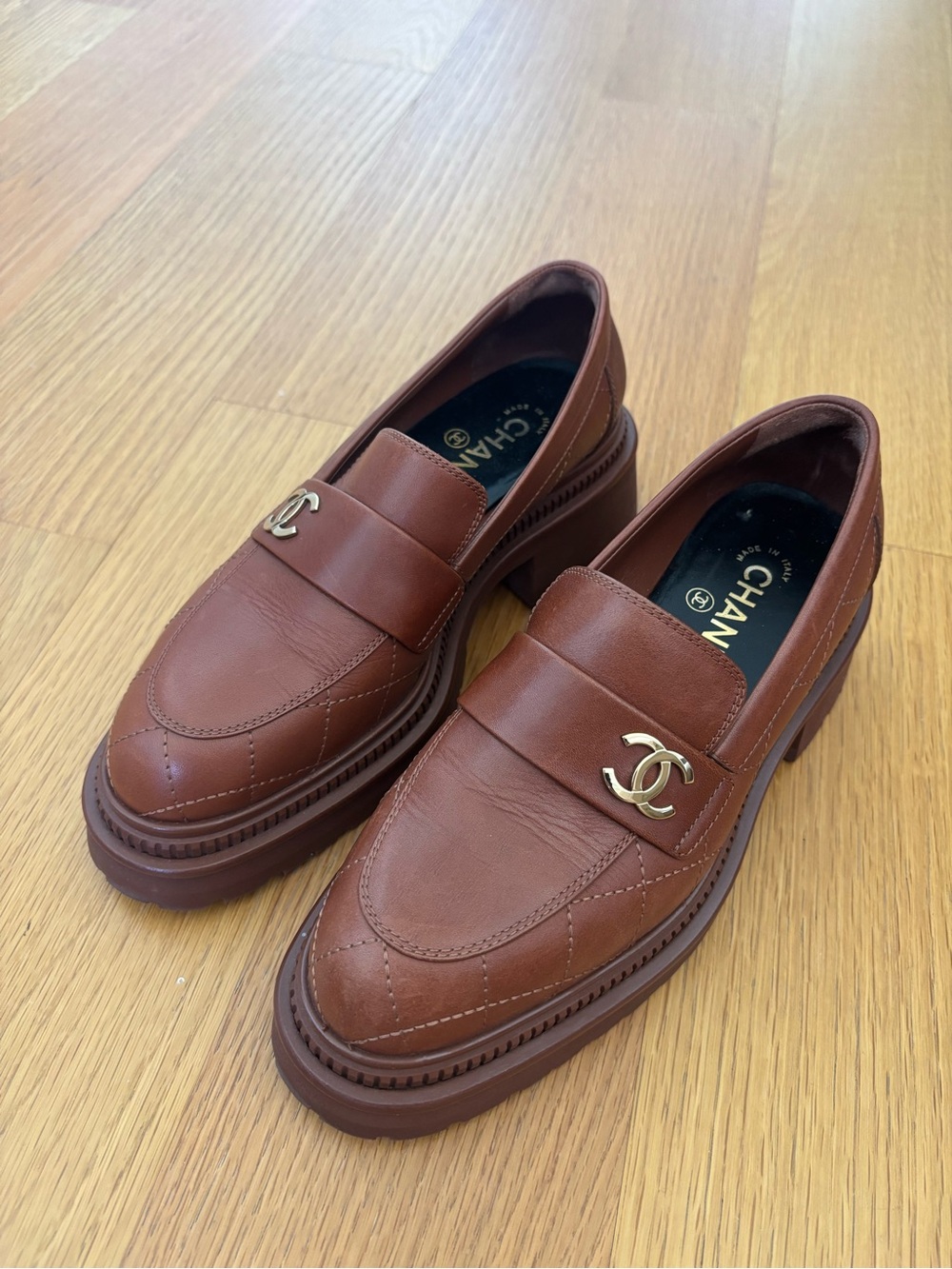 CHANEL Chestnut Brown Leather Penny Loafers with Gold CC Emblem - Picture 2 of 9